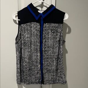 Calvin Klein Black and White Patterned Blouse with Blue Trim